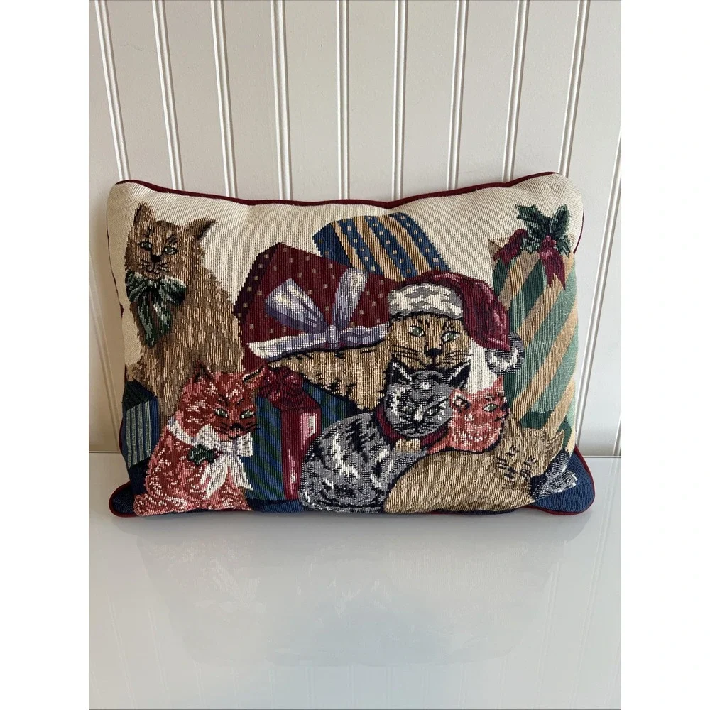 Christmas Cat Kitten Gifts Holly Santa Hat Tapestry Pillow Rectangular Used